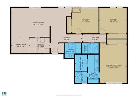 A floor plan of a house with a living room, two bedrooms, a dining room, a kitchen, a laundry room, a primary bedroom, and a vanity.